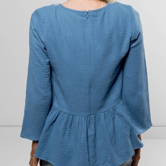 Blue Peplum White Embroidery Boutique Blouse - Picture 5 of 5